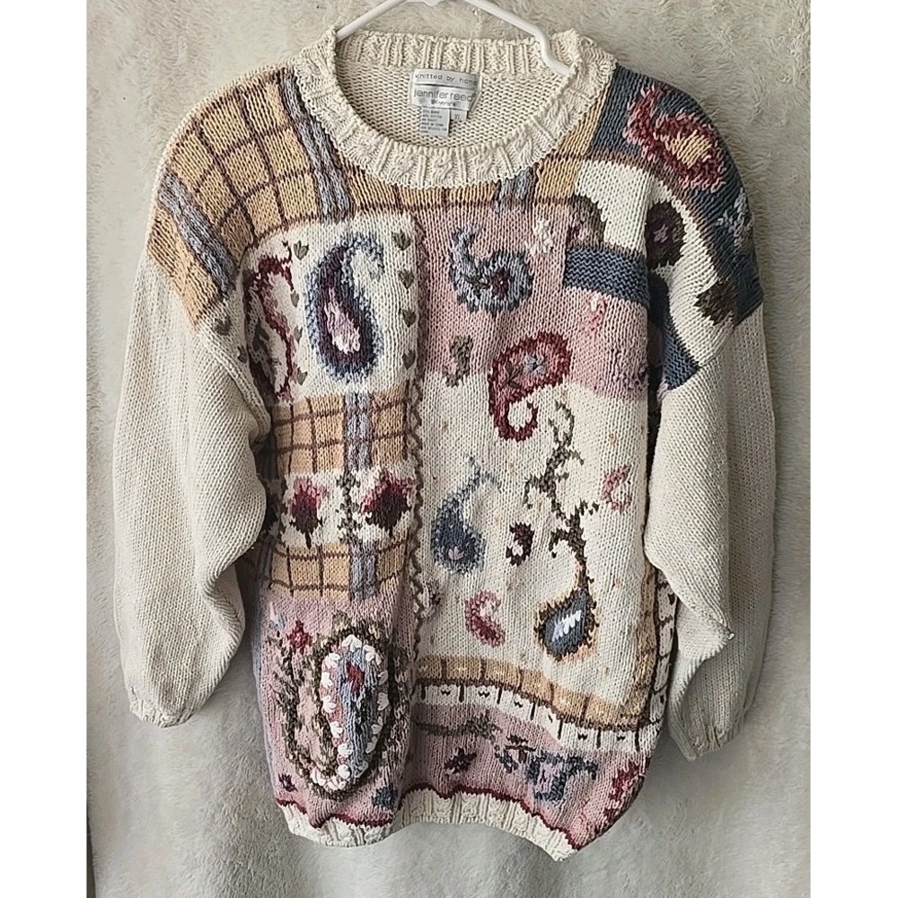 Vintage Jennifer Reed Hand Knit Cottage Core Sweater White W/paisley Design XL